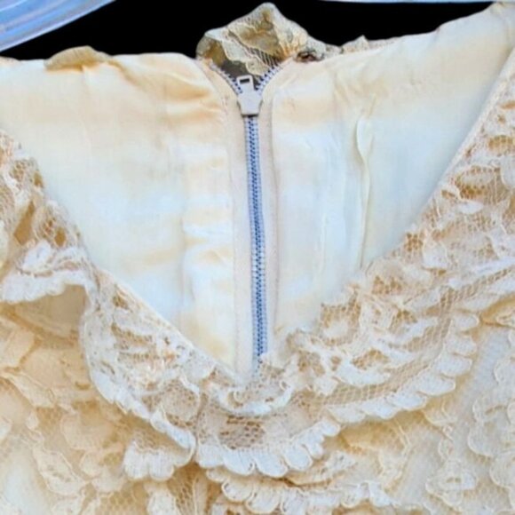 50s Chantilly Lace Beige Chiffon Vintage Dress XS Long Sleeve Pleated Wedding - Picture 6 of 11